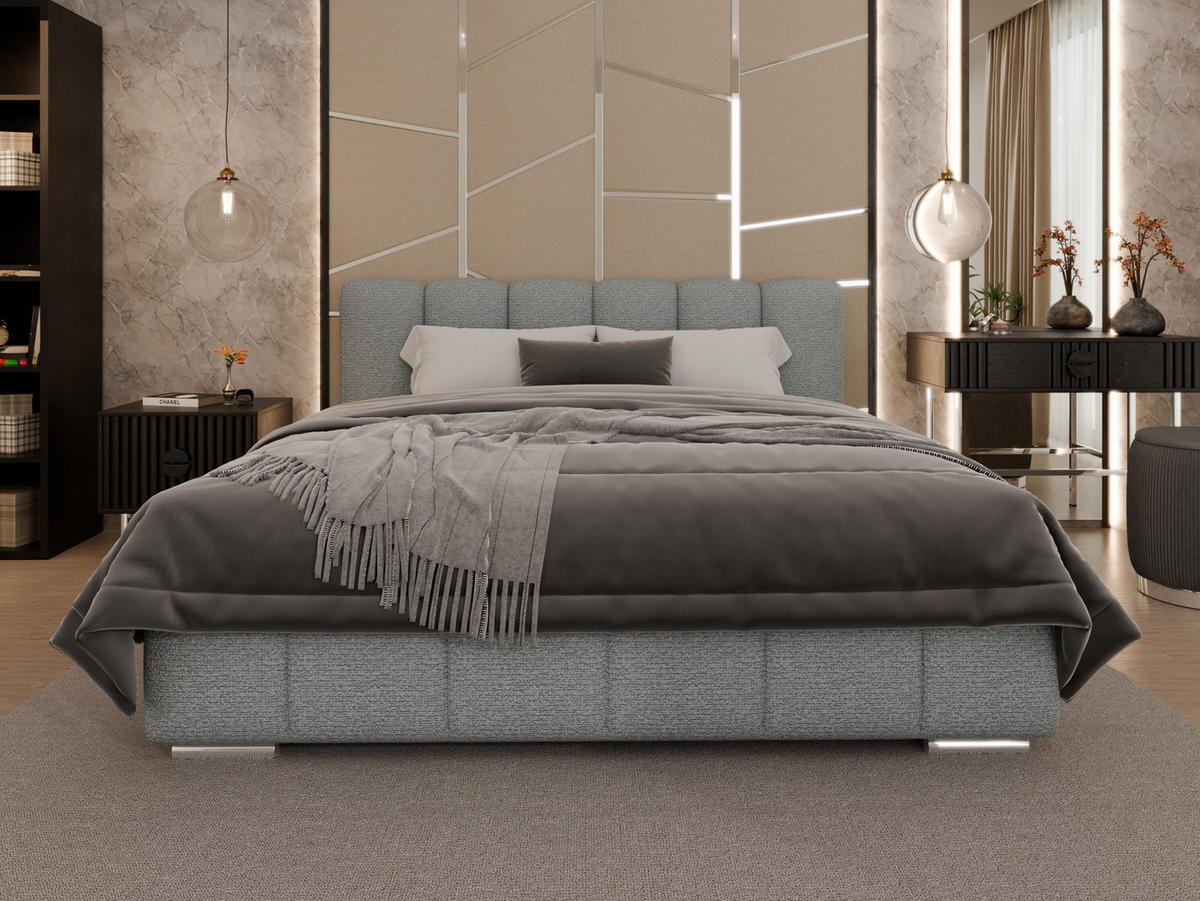 POLSTERBETT ZAIRA 180 x 200 cm mit Bettkasten und Lattenrost, 7-Zonen-Taschenfederkernmatratze CIRA (24 cm) – Grau - Grau, Holz (160/200cm) - Panda Möbel