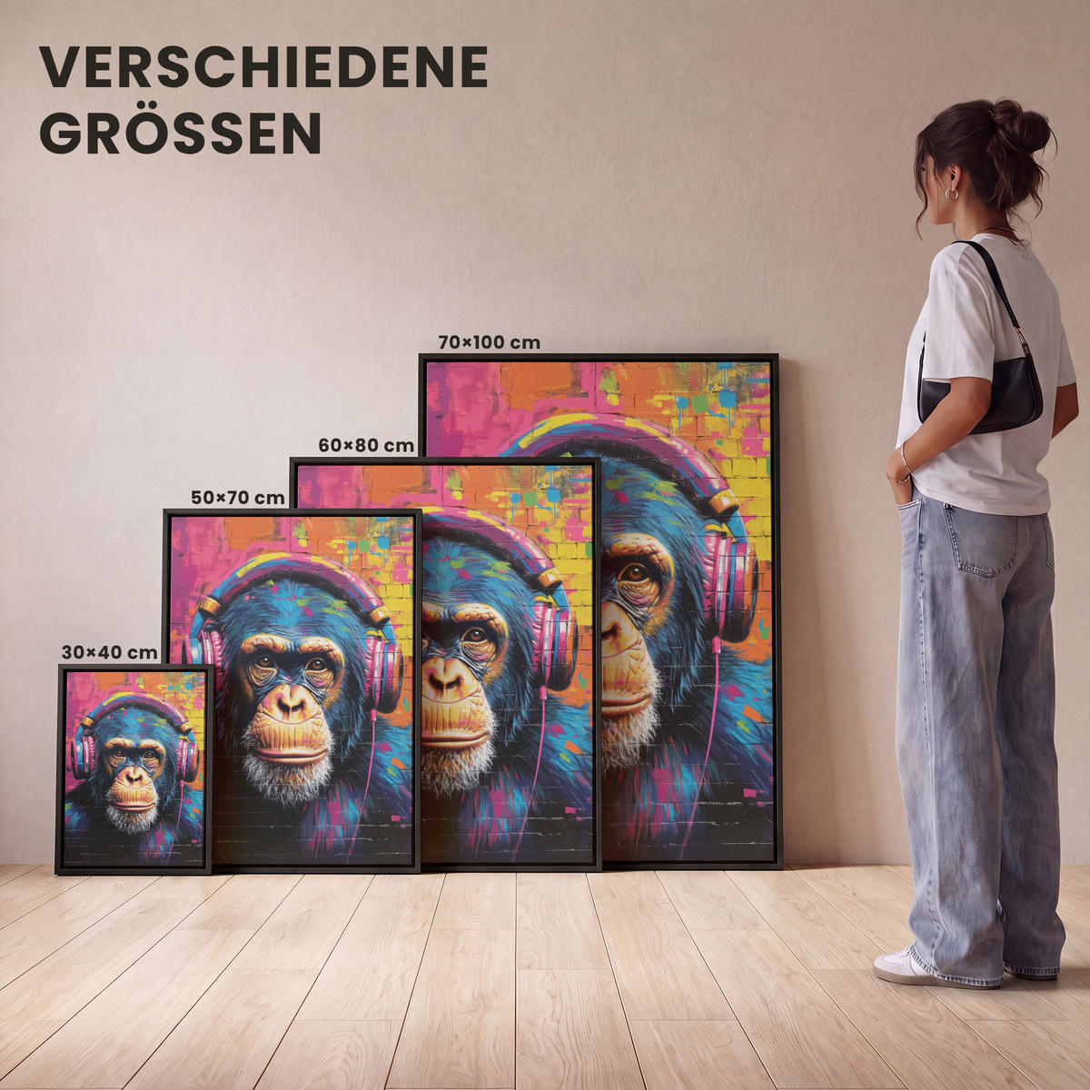 LEINWAND Bilder mit Rahmen - Graffiti - Schimpanse - Straßenkunst - Kopfhörer - Affe - 60x80 - Blau, Textil (60/80cm) - MuchoWow