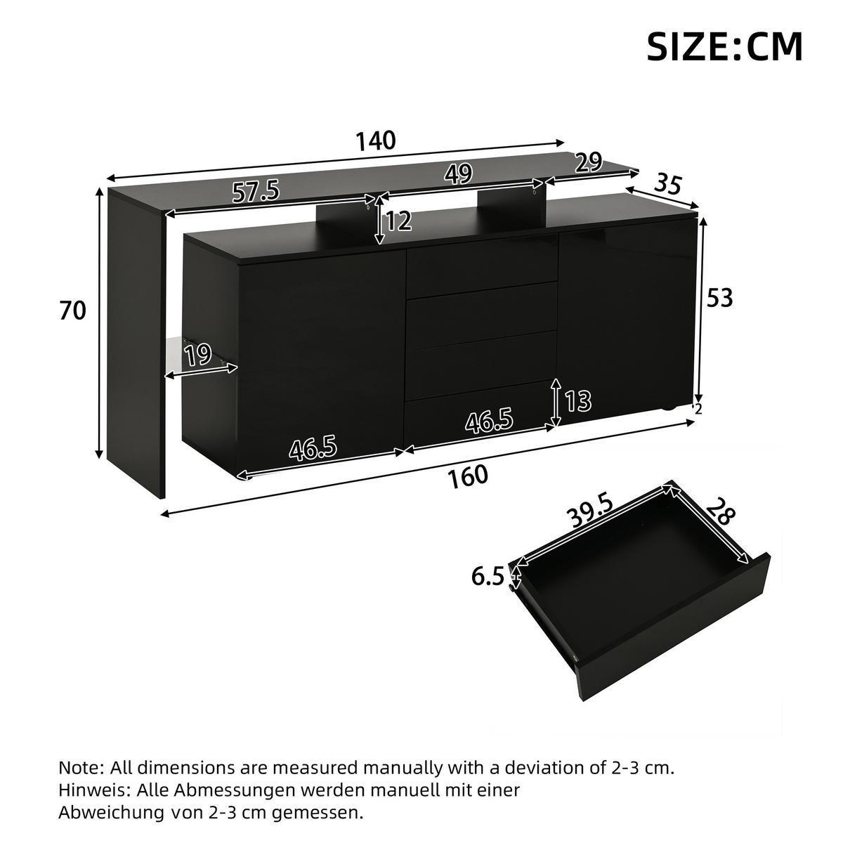 SIDEBOARD LED Schwarz Hochglanz Mehrzweckschrank Stauraum - Schwarz, Holzwerkstoff (35/70/160cm) - FLIEKS