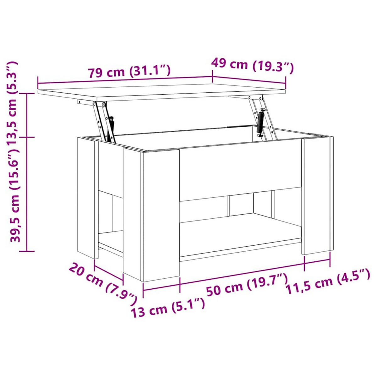COUCHTISCH 79/49/41 cm aus Holzwerkstoff Sonoma-Eiche mit Höhenverstellbarer Tischplatte, 1 Ablagefläche - Sonoma Eiche, Holz (49/79/41cm) - vidaXL