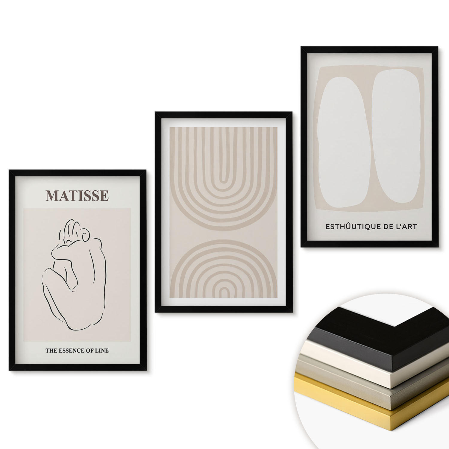 WANDBILDER 3er-Set - 40x60 cm Schwarzer Rahmen - Stilvolle minimalistische Linien - Schwarz, Kunststoff (40/60cm) - ArtPrintCave