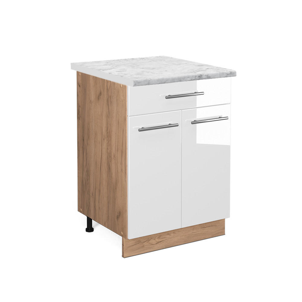 KÜCHENUNTERSCHRANK Fame-Line Weiß Hochglanz 60 cm mit Schublade AP Marmor - Honigeiche/Weiß Hochglanz, Holzwerkstoff (60/82/60cm) - Vicco