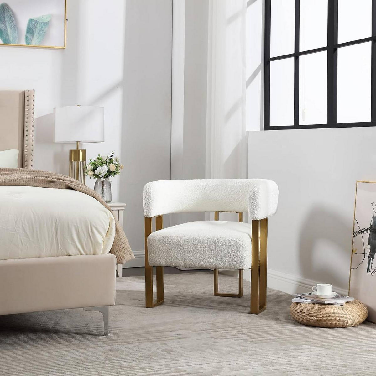 RELAXSESSEL aus Chenille, Cremeweiß - Goldfarben/Creme, Textil/Metall (65.5/70/60cm) - Woltu