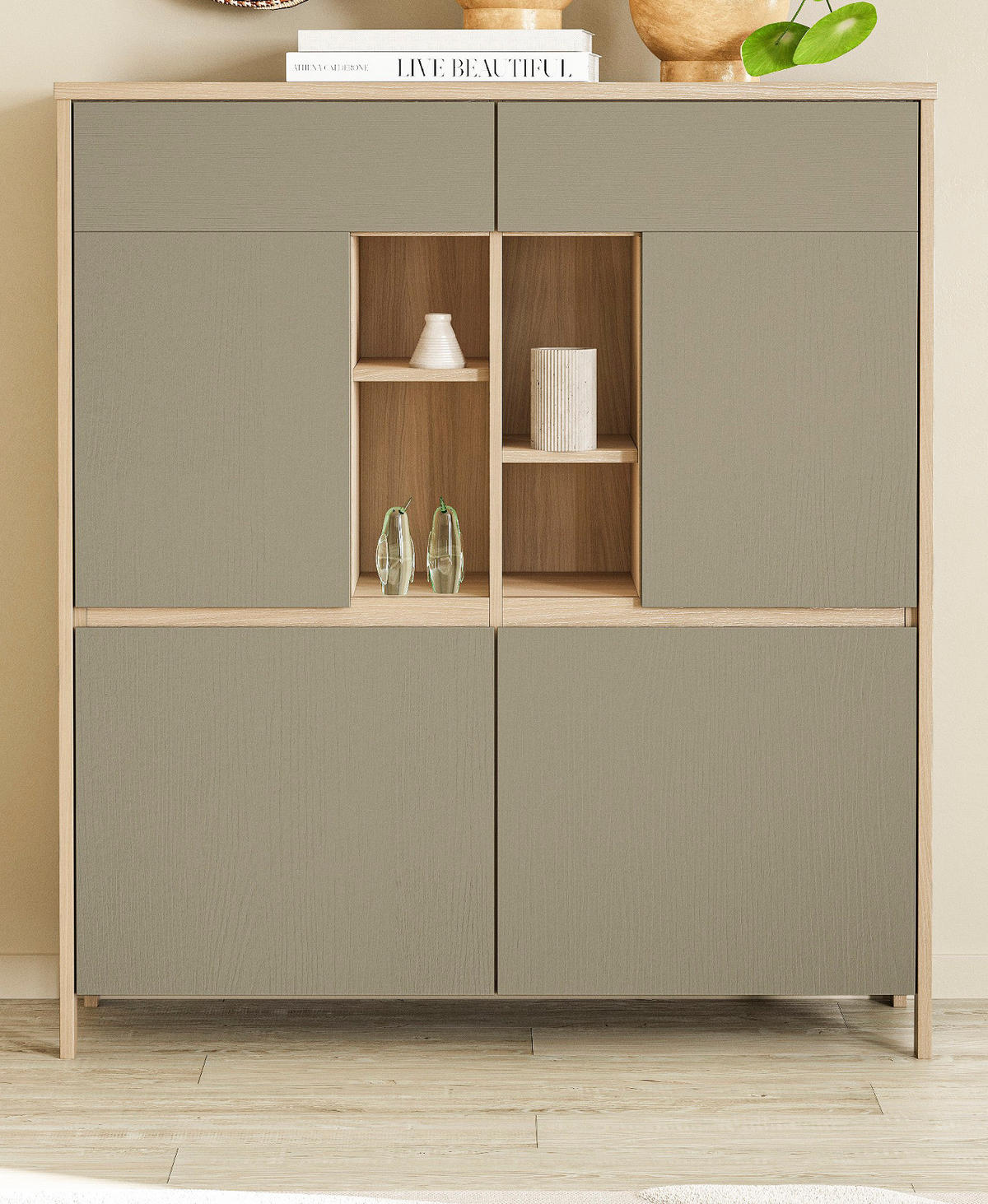 HIGHBOARD Salbei grün, Eiche 111 x 125 cm, Kommode skandinavisch mit Soft-Close - Salbeigrün/Eichefarben, Holzwerkstoff/Metall (111/125/39cm) - Furn.Design
