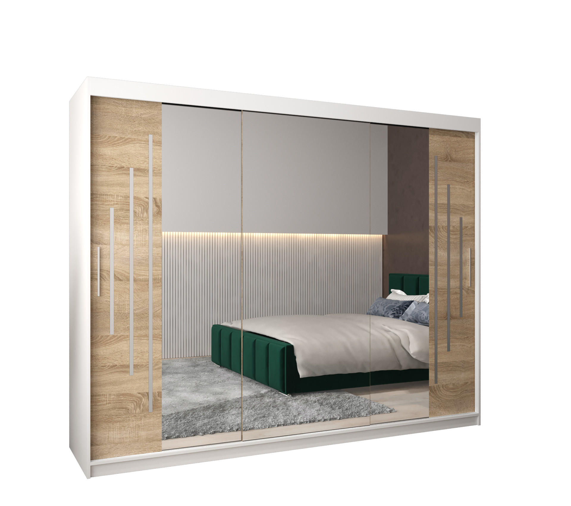 Abiks Möbel Schwebetürenschrank Weiß, Sonoma Eiche 250x200x62 cm