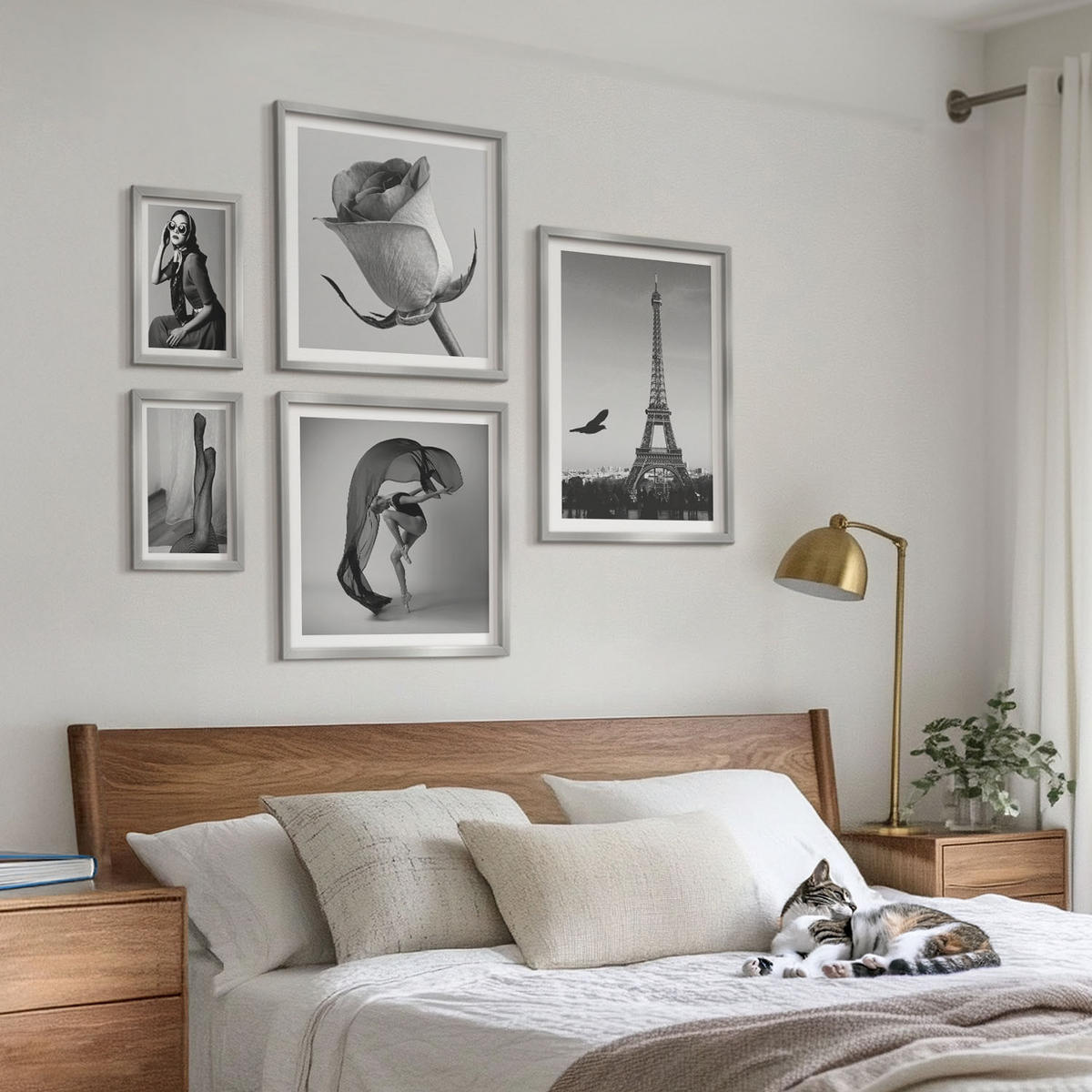 BILDER SET 5er Set - 50x50 cm & 20x30 cm & 40x60 cm Silberner Rahmen - Stilvolle Porträts eleganter Frauen - Silberfarben, Kunststoff (40/60cm) - TULUP