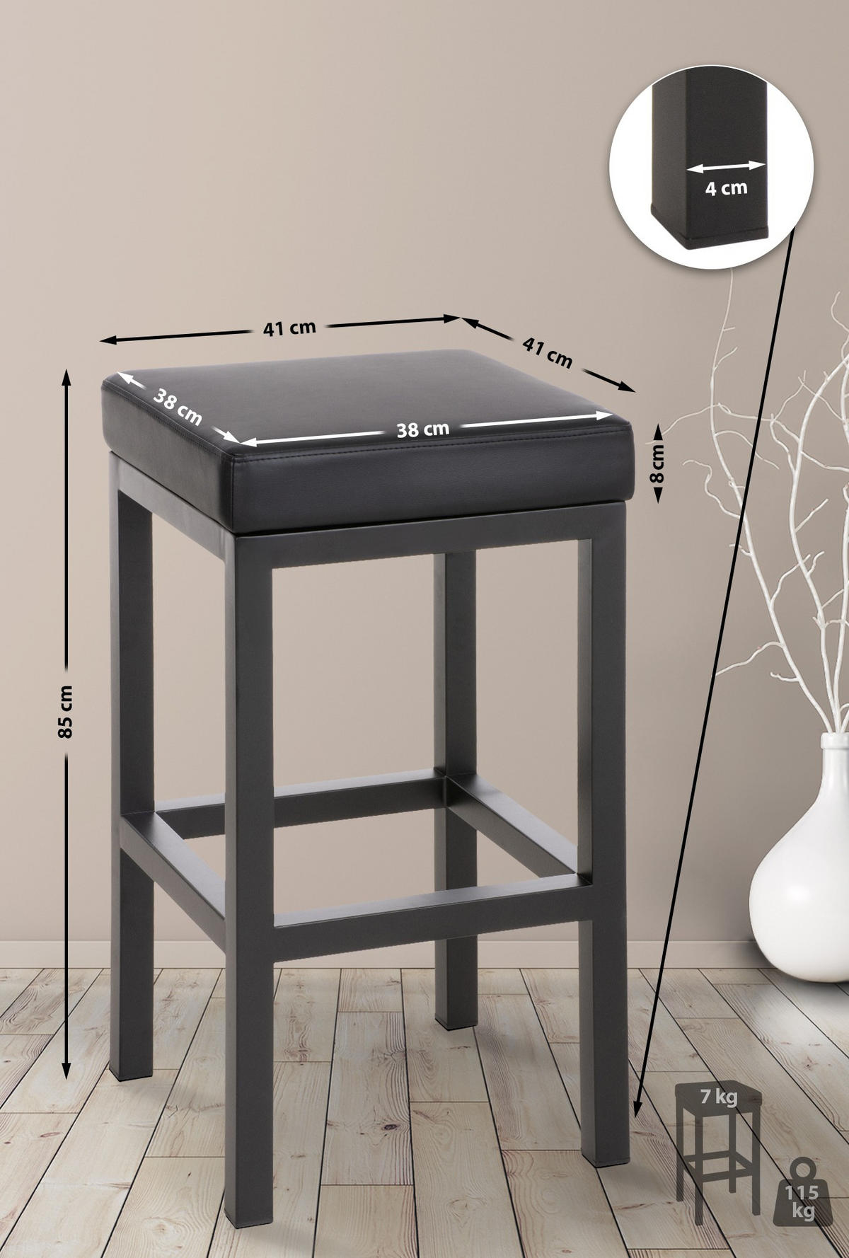 BARHOCKER KIEL Schwarz Kunstleder Stahl 85 cm Höhe - Schwarz, Metall (41/85/41cm) - DELUKE