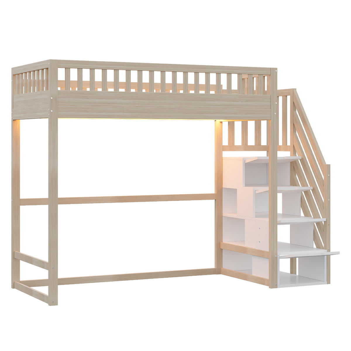 HOCHBETT 90/200 cm in Natur mit Stauraumtreppe und LED - Naturfarben, Holz/Holzwerkstoff (90/200cm) - WISHDOR