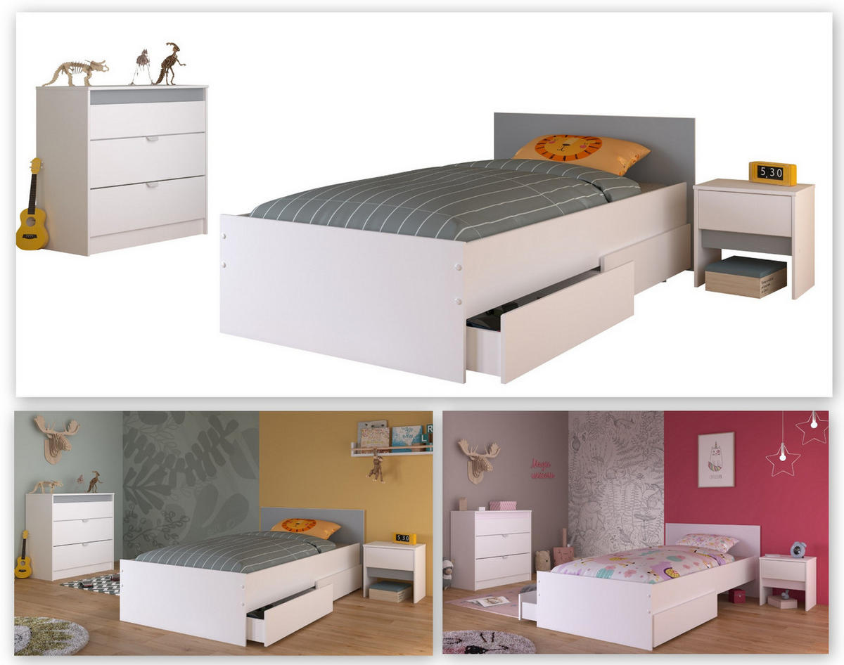 KINDERZIMMER weiß, grau oder rosa, Komplett-Set 4-teilig mit Stauraumbett 90x200 cm - Weiß, Holzwerkstoff (100/80/203cm) - Parisot Meuble