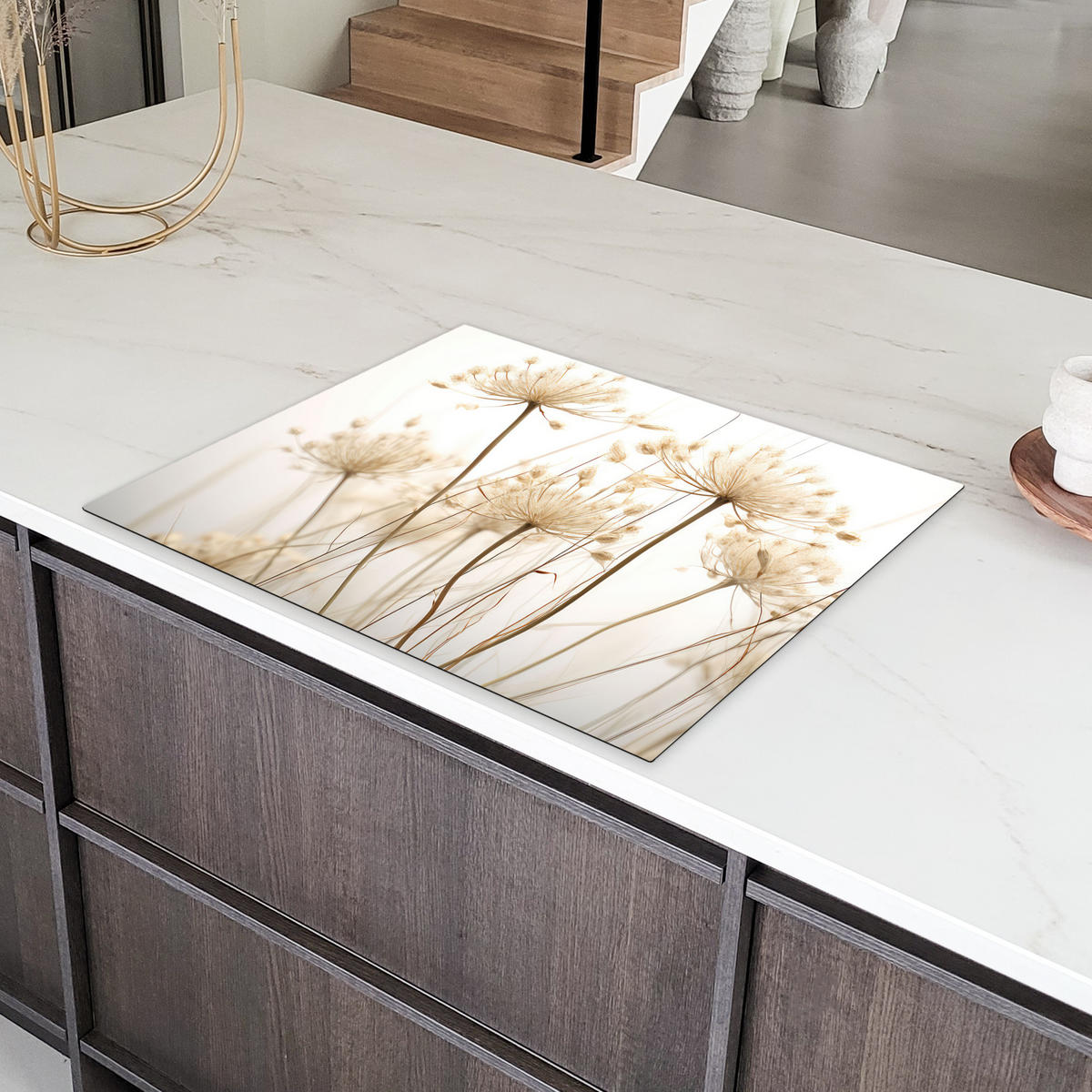 HERDABDECKPLATTE Blumen - Weiß - Sonnenlicht Induktionsmatte 77x59 cm - Ecru, Kunststoff (77/59/0.2cm) - MuchoWow