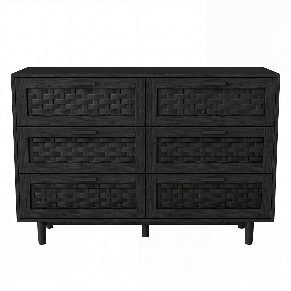 KOMMODE Japandi mit 6 Schubladen in Rattan-Optik 115/40/80 cm Schwarz - Schwarz, Holzwerkstoff (115/80/40cm) - Creahappy