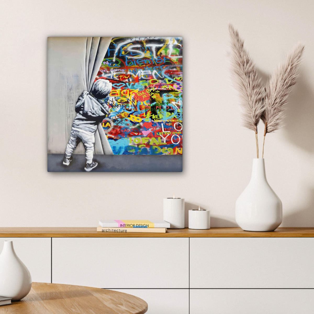 LEINWANDBILD Graffiti - Junge - Ilussie - Straßenkunst Wandbild Wohnzimmer 50x50 cm - Hellgrau, Textil (50/50cm) - MuchoWow