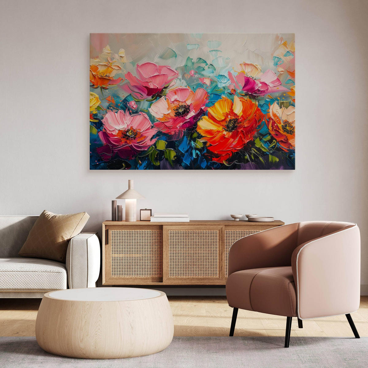 LEINWANDBILD bunte BLUMEN Abstraktion Malarei 70x50cm - Rot/Violett, Textil (70/50cm) - Muralo