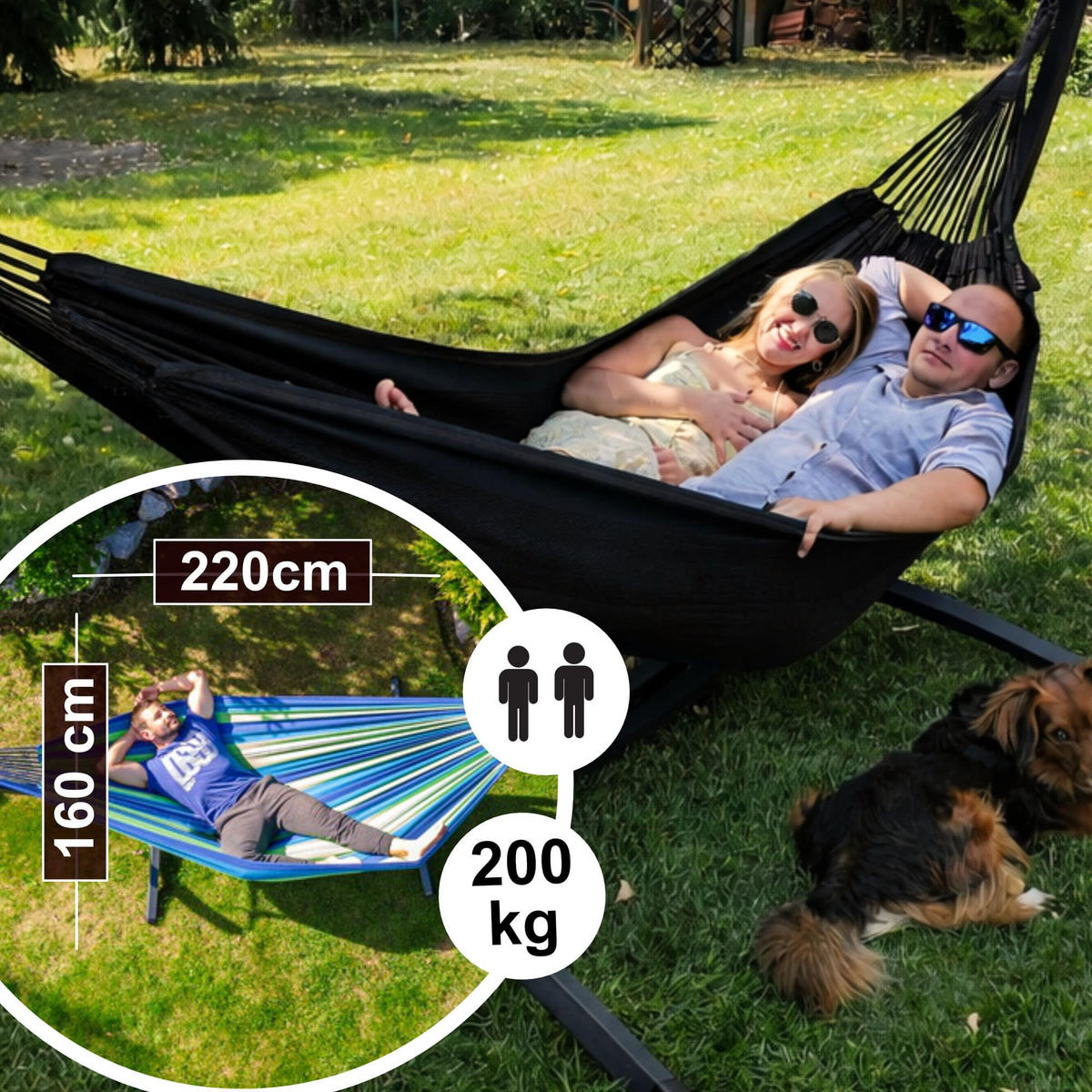 HÄNGEMATTE mit Gestell, 2 Personen, XXL, 200 kg, Metall, Schwarz, einfache Montage - Schwarz, Metall (370/130/120cm) - Potenza