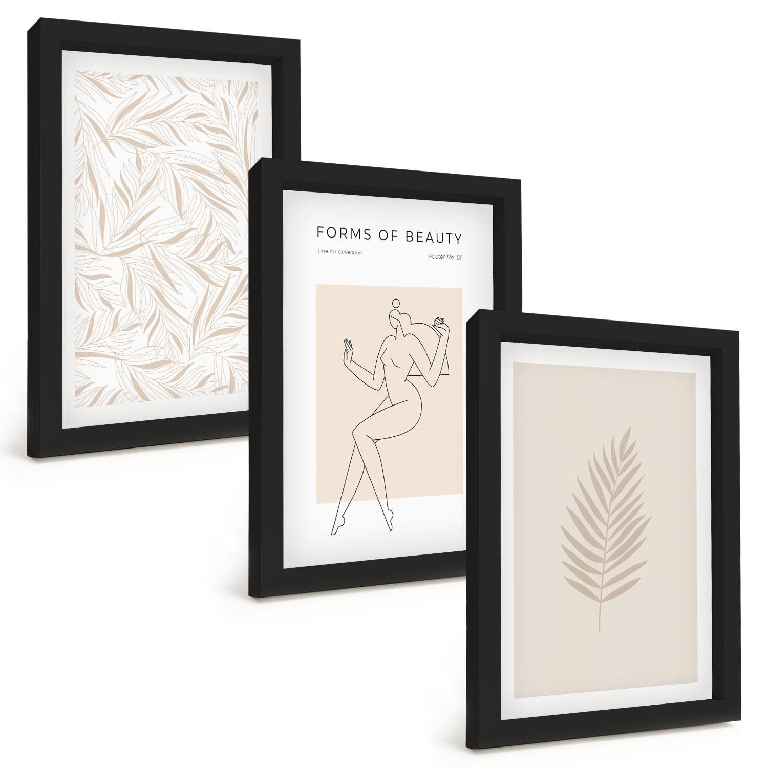 BILDER SET 3er Set - 20x30 cm Schwarzer Rahmen - Minimalistische botanische Motive - Schwarz, Kunststoff (20/30cm) - TULUP