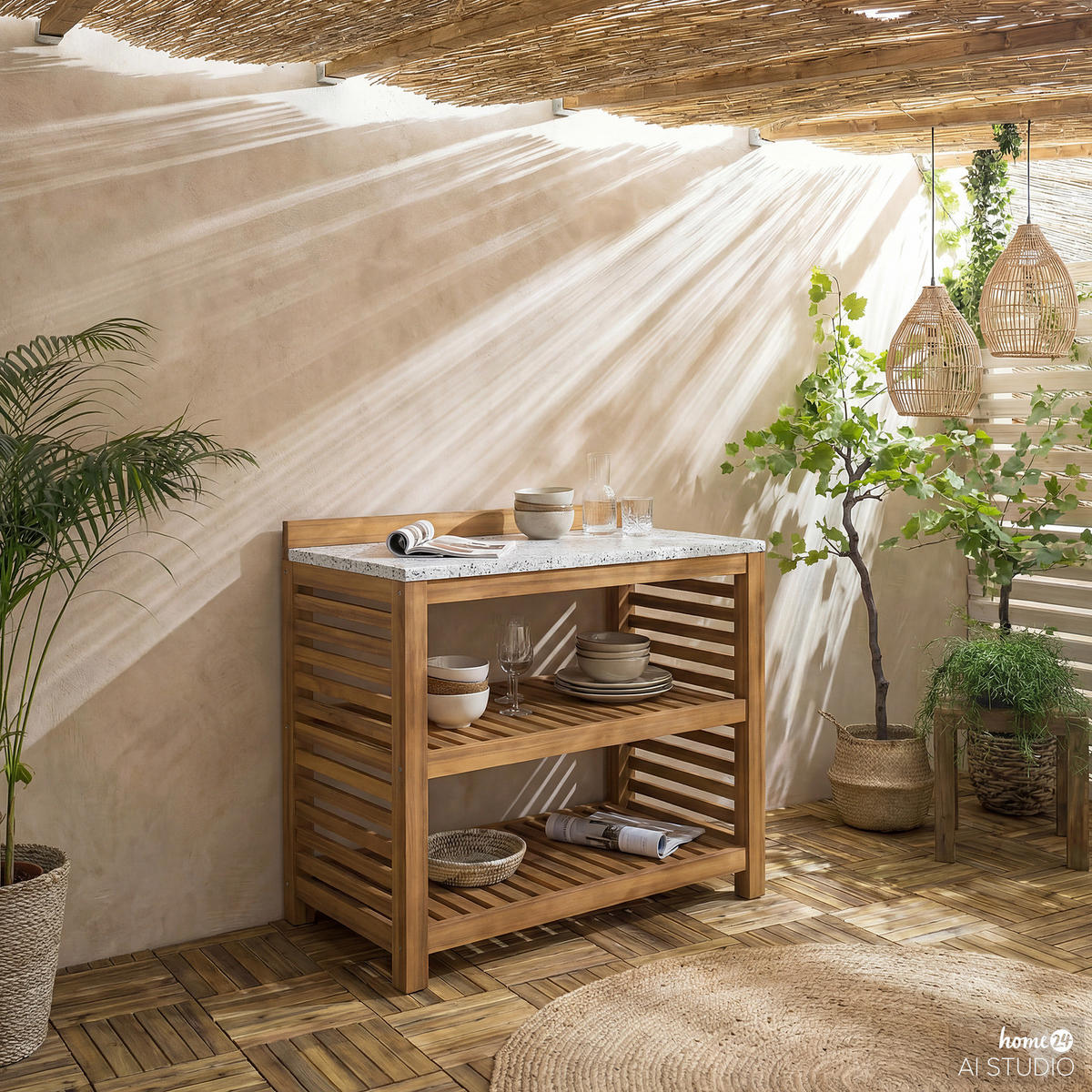 GARTENKÜCHENREGAL - Akazie massiv - Beige - Beige, Holz (90/86/52cm) - home24