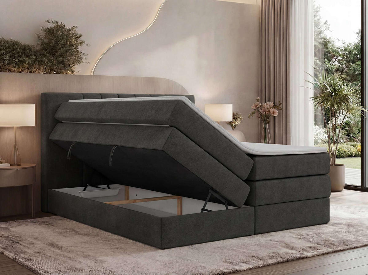 BOXSPRINGBETT INERO KING 180/200 - Dunkelgrau Stukture - Topper Visco - H3 - Dunkelgrau/Schwarz, Kunststoff/Textil (180/200cm) - MKS