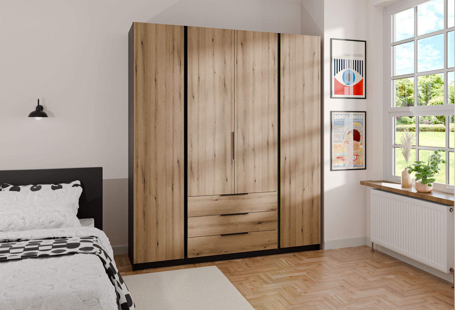 KLEIDERSCHRANK Kaja Eiche/ Schwarz 200 cm - Eichefarben/Schwarz, Holzwerkstoff/Metall (200/239/61.9cm) - Selsey