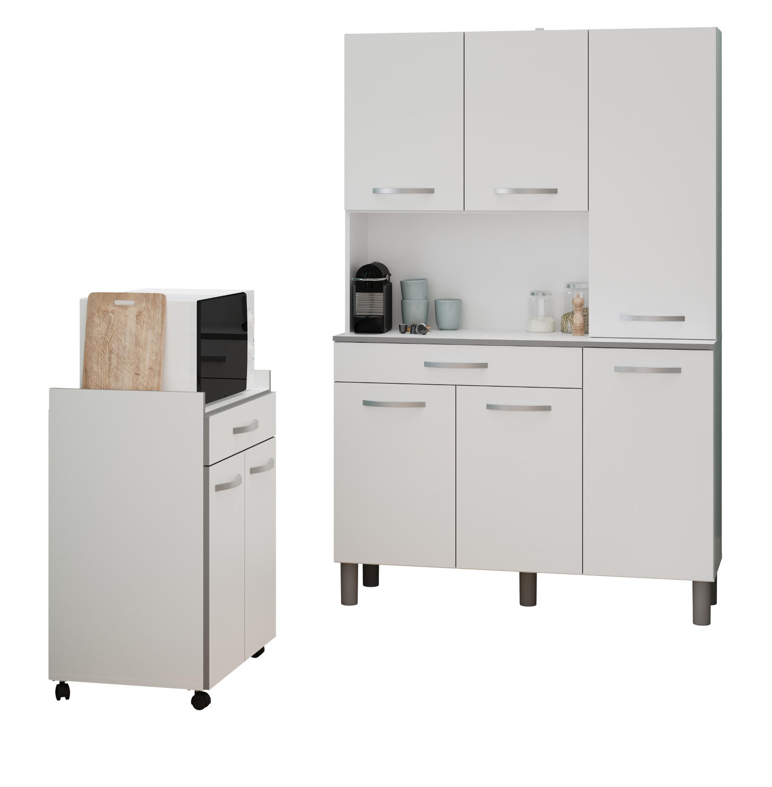 MINIKÜCHE Set 2-tlg. weiß, grau mit Buffet und Mehrzweckschrank - Multicolor, Holzwerkstoff (180/181/44cm) - Parisot Meuble