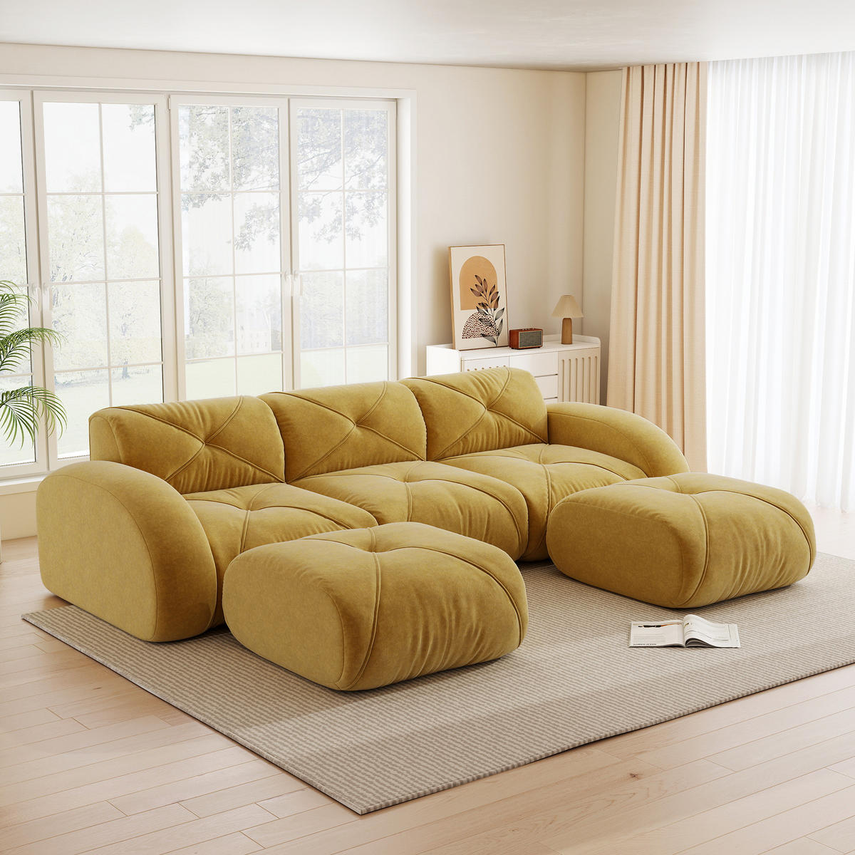 WOHNLANDSCHAFT in Gelb aus Chenille mit Hockern und rahmenlosem Design - Gelb, Textil (171/76/281cm) - Flora Grace