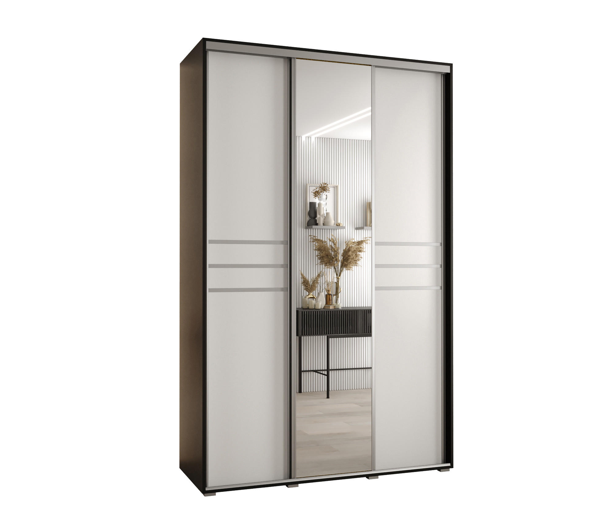 Abiks Möbel Schwebetürenschrank Schwarz, Weiß, Silber 150x235x45 cm