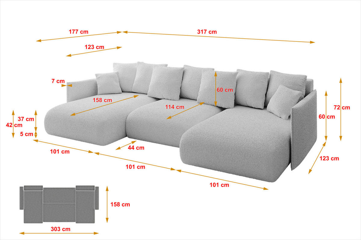 WOHNLANDSCHAFT mit Schlaffunktion und Bettkasten ONESK-U 317x177x72 Hellgrau Bouclé - Hellgrau, Holzwerkstoff/Kunststoff (317/72/177cm) - ALTDECOR