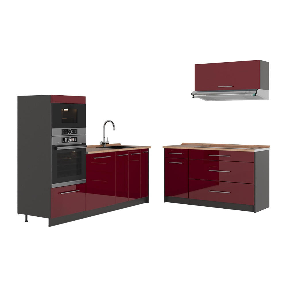 KÜCHENZEILE Fame-Line, Bordeaux Hochglanz/Anthrazit, 340 cm, AP Eiche - Bordeaux/Anthrazit, Holzwerkstoff (340/153.6/60cm) - Vicco