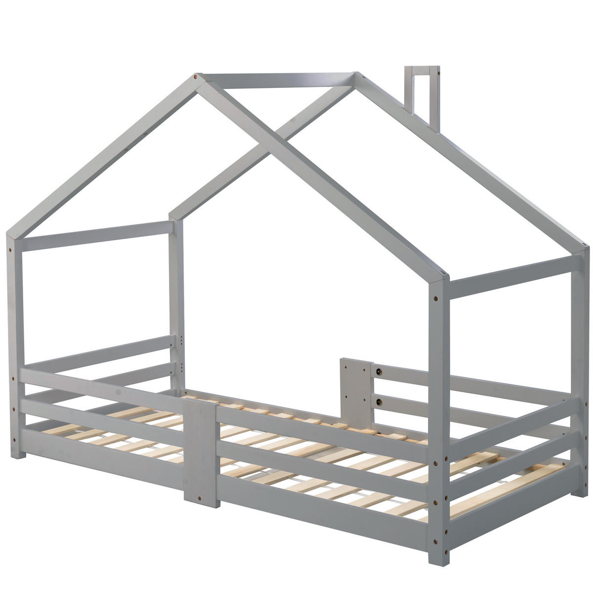 HAUSBETT 90/200 cm grau aus Kiefernholz mit Rausfallschutz - Grau, Holz (90/200cm) - OKWISH