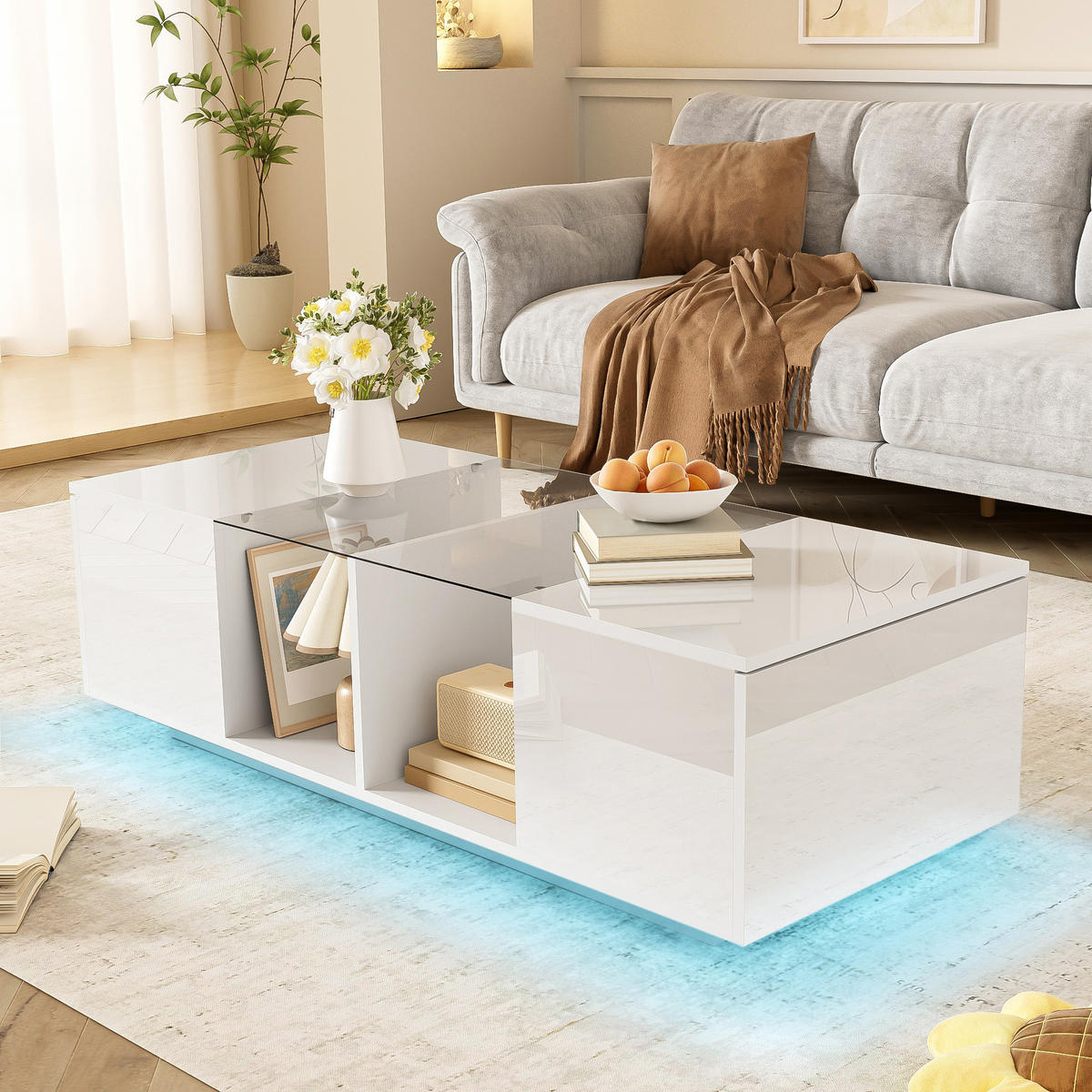 COUCHTISCH 120/50/38,5 cm Weiß Hochglanz mit LED-Beleuchtung - Weiß, Holzwerkstoff (120/50/38.5cm) - Korfee