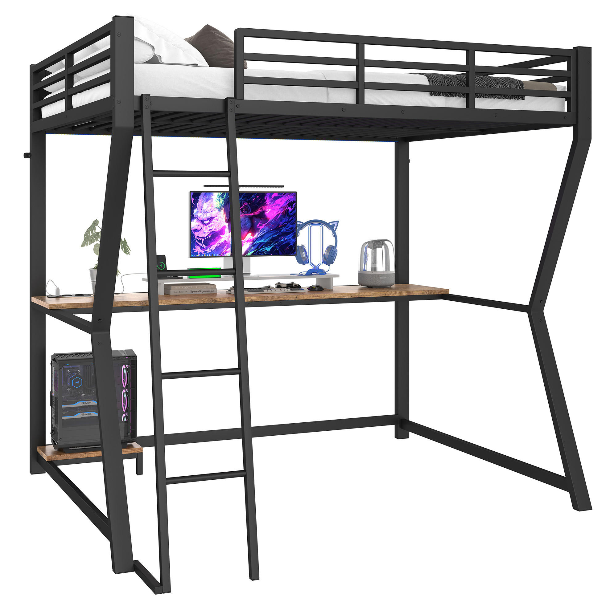 HOCHBETT aus Metall 140x200 cm Schwarz mit Schreibtisch, LED-Beleuchtung, USB-Anschluss, Steckdose und Treppe - Schwarz, Metall (140/200cm) - Modfu