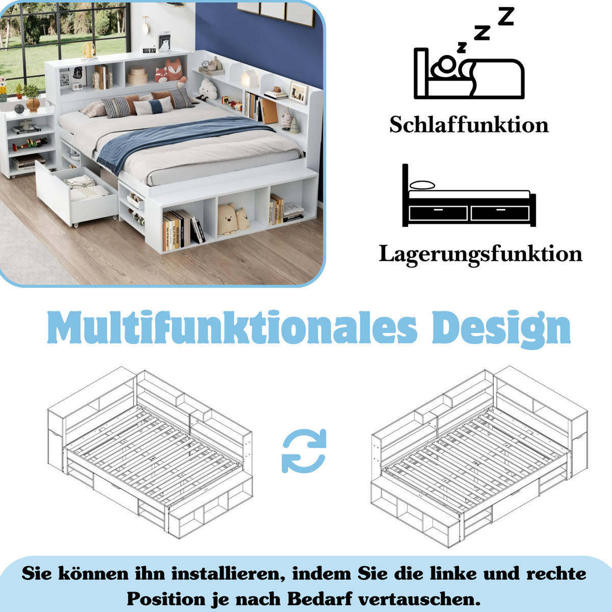 KINDERBETT 140/200 cm Weiß aus Sperrholz mit Stauraum und Lattenrost - Weiß, Holz (140/200cm) - OKMYHOME