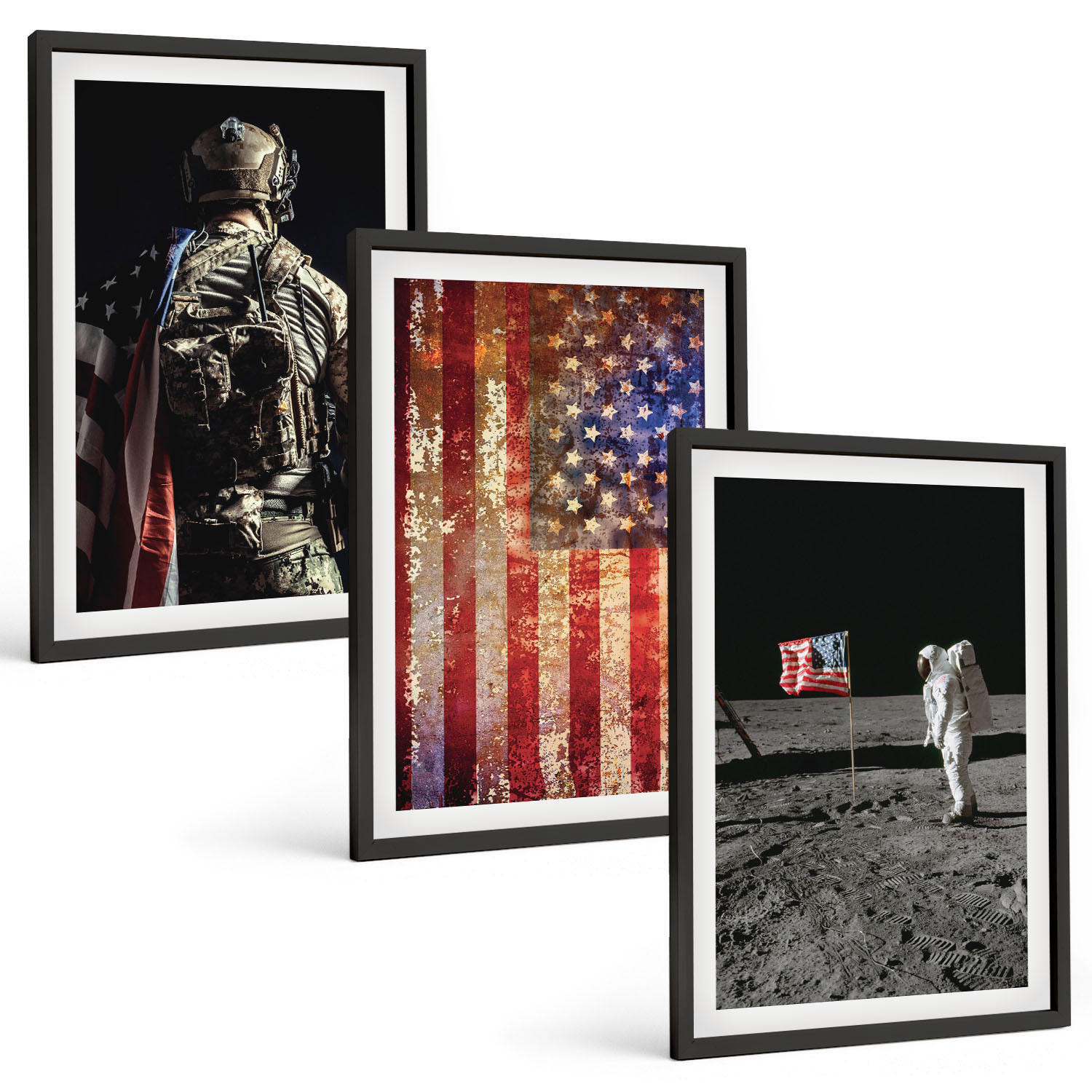 BILDER SET 3er Set - 40x60 cm Schwarzer Rahmen - Amerikanische Symbole, USA-Flagge - Schwarz, Kunststoff (40/60cm) - TULUP