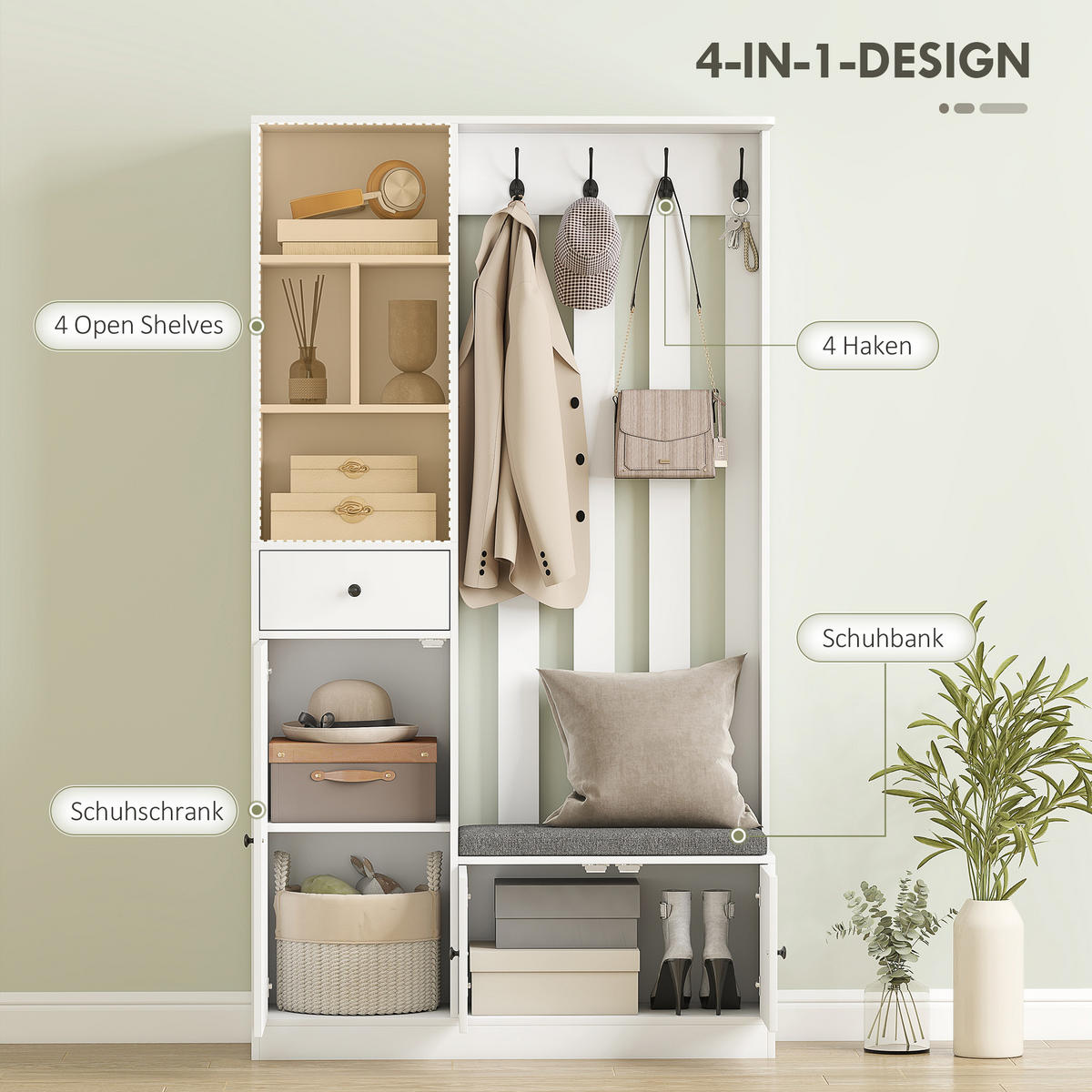 GARDEROBENSCHRANK mit Sitzbank Schuhschrank 4 Haken Weiß - Weiß/Grau, Holzwerkstoff (30/180/100cm) - HOMCOM