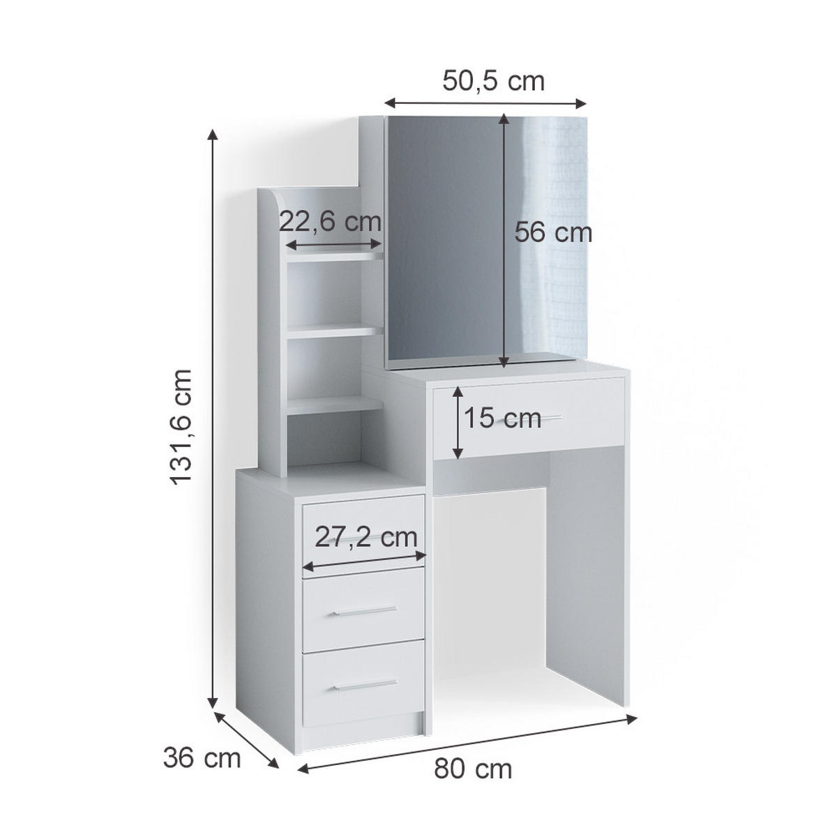 SCHMINKTISCH Conrada Weiß 80 cm - Weiß, Holzwerkstoff (36/131.6/80cm) - Vicco
