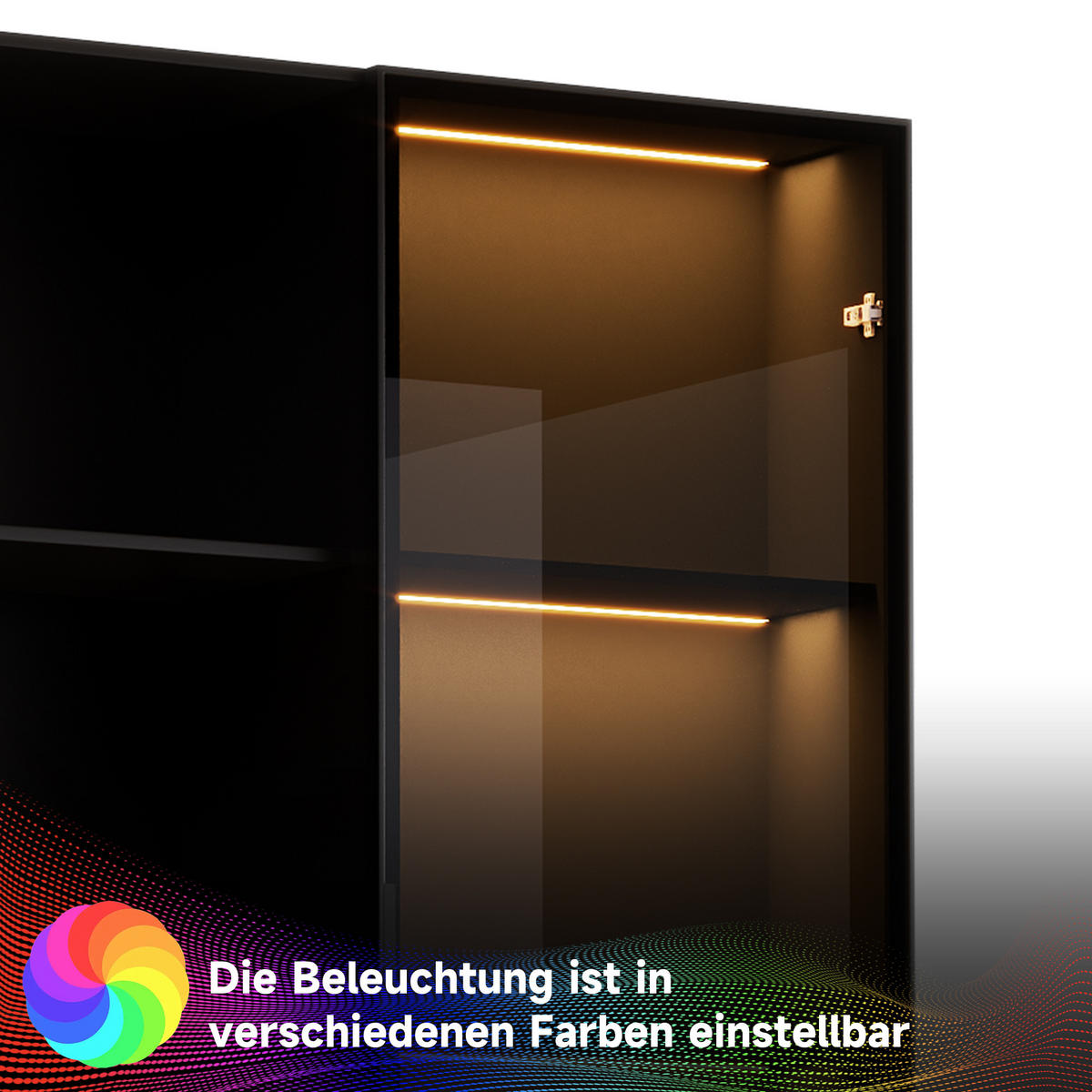 VITRINE 80cm Glas LED 3 Schubladen 3 Fächer modern - Schwarz, Holzwerkstoff (80/160/40cm) - FLIEKS