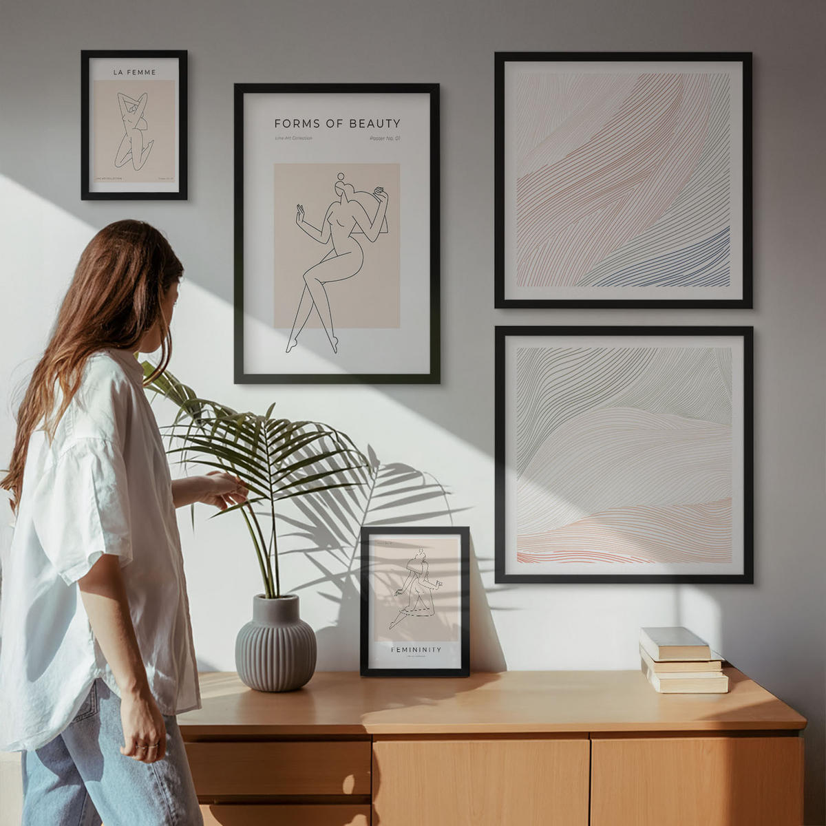 WANDBILDER 5er-Set - 50x50 cm & 20x30 cm & 40x60 cm Schwarzer Rahmen - Weibliche Silhouetten auf Plakaten - Schwarz, Kunststoff (40/60cm) - ArtPrintCave
