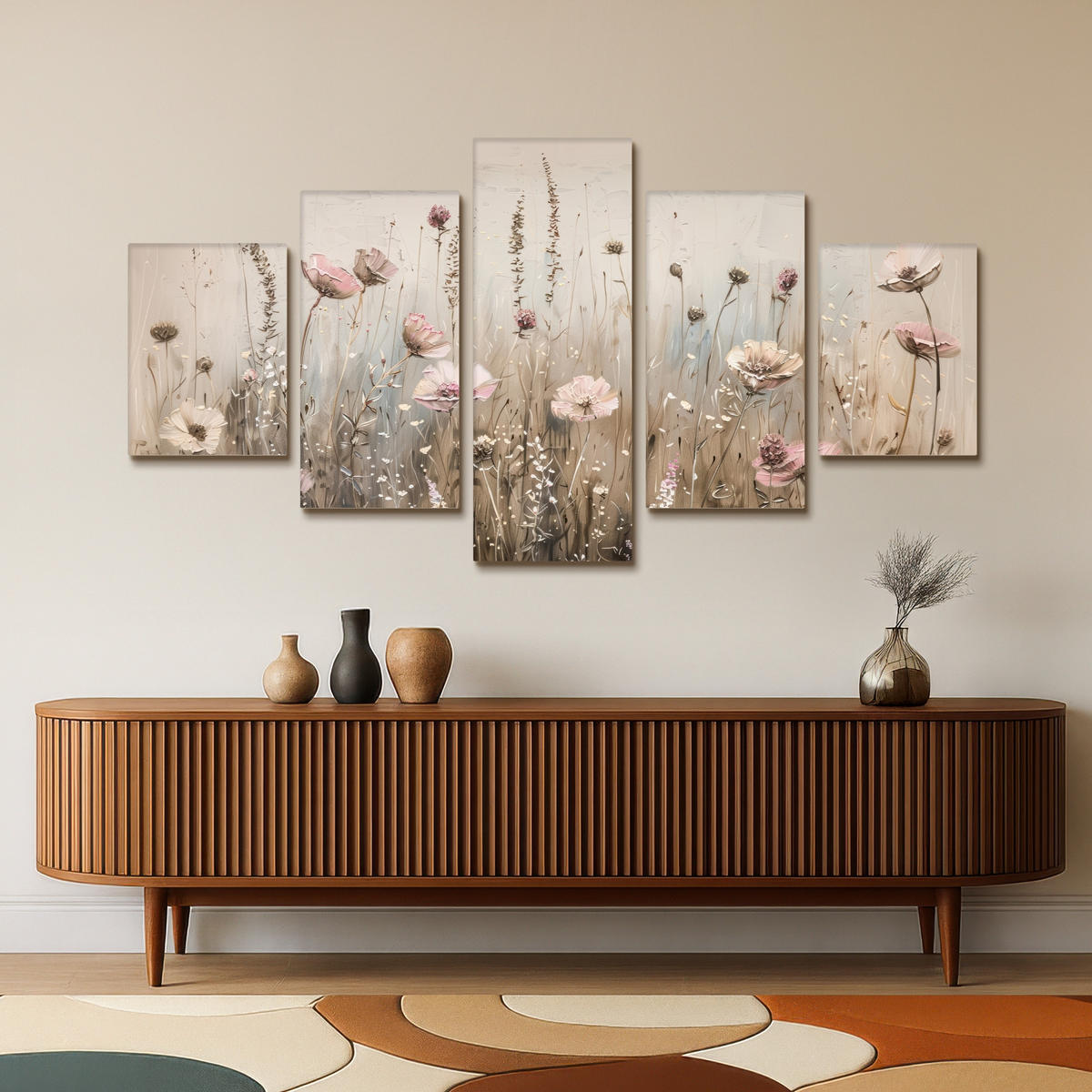 LEINWANDBILD 5er Set Blumen - Beige - Modern - Rosa 150x80 cm - Ecru, Textil (150/80cm) - MuchoWow
