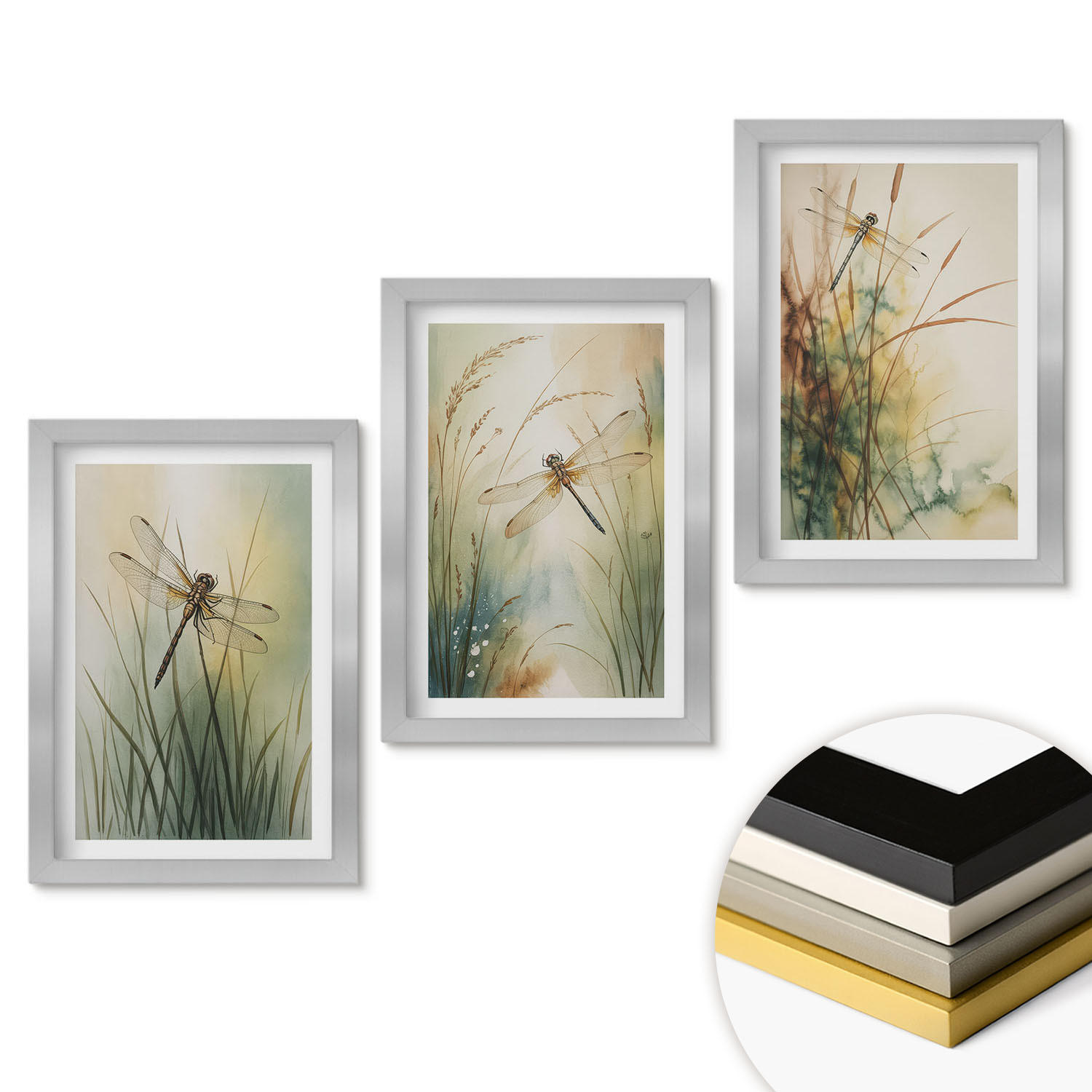 WANDBILDER 3er Set - 20x30 cm Silberner Rahmen - Libellengräser über dem Wasser - Silberfarben, Kunststoff (20/30cm) - ArtPrintCave
