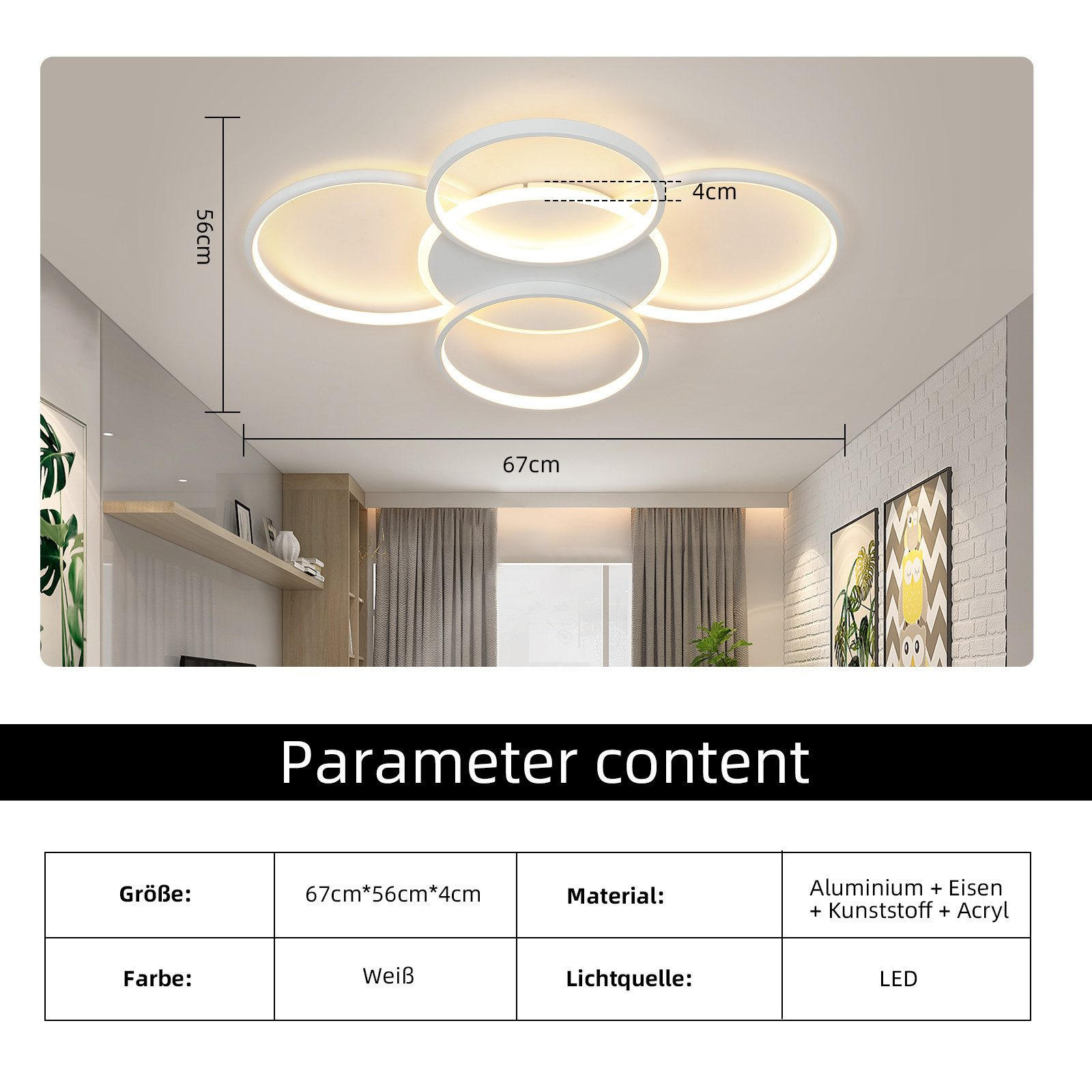 Thumbnail - ZMH Led-Deckenleuchte, Weiß, Kunststoff, 55.5x6x67 cm, Lampen & Leuchten, LED Beleuchtung, LED-Deckenleuchten