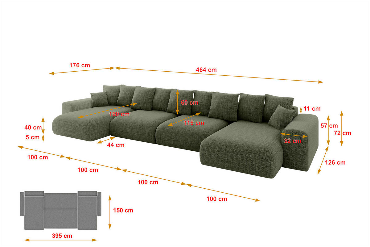WOHNLANDSCHAFT mit Schlaffunktion ESKAR-U2-464x176x72cm Grün - Hellgrün/Grün, Holzwerkstoff/Kunststoff (176/72/464cm) - ALTDECOR