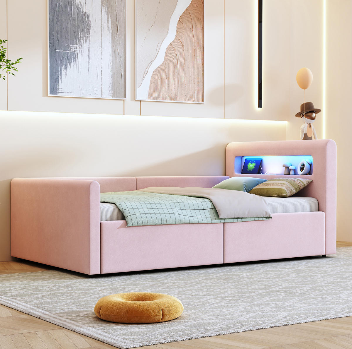 SAMT-POLSTERBETT 90/200 cm mit LED-Beleuchtung, Bettkasten und gepolstertem Kopfteil - Rosa, Textil (90/200cm) - BEAOK