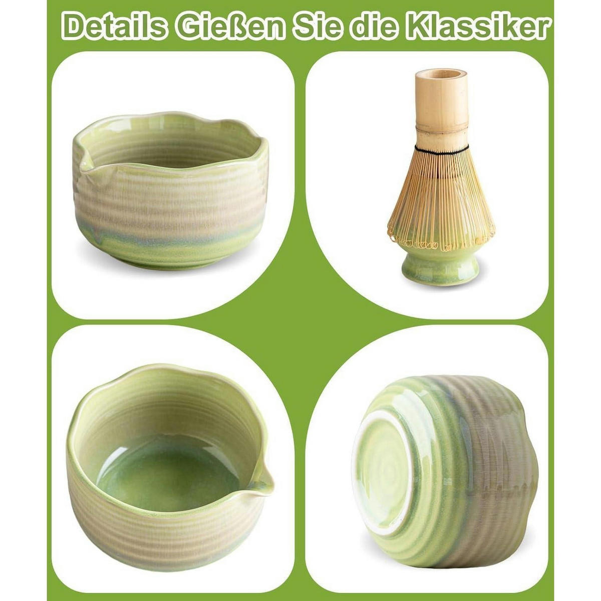 MATCHA Set 7-teiliges Set Keramikschale Bambusbesen Sieb Löffel - Multicolor, Keramik (15/10/15cm)