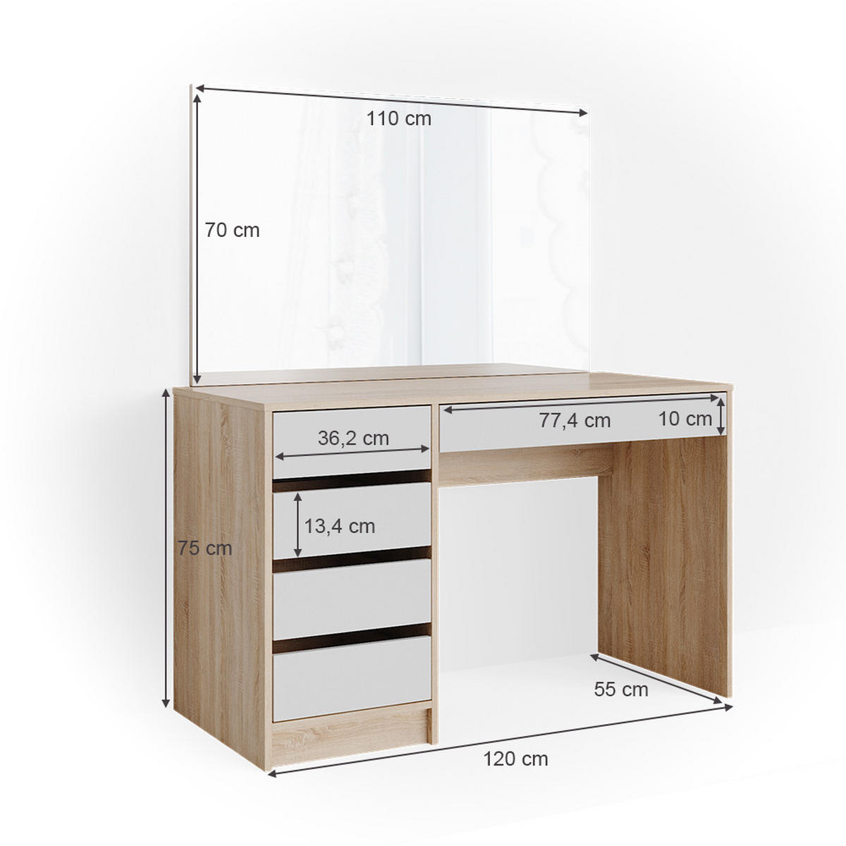 SCHMINKTISCH Sherry Weiß/Sonoma 120 cm - Weiß/Sonoma Eiche, Holzwerkstoff (120/75/55cm) - Vicco