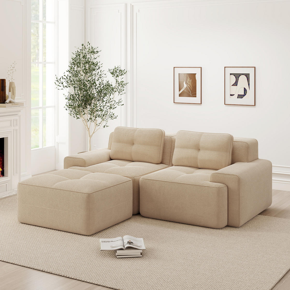 ECKSOFA Cord Beige mit Ottomane - Beige, Textil (204/177cm) - WISHDOR