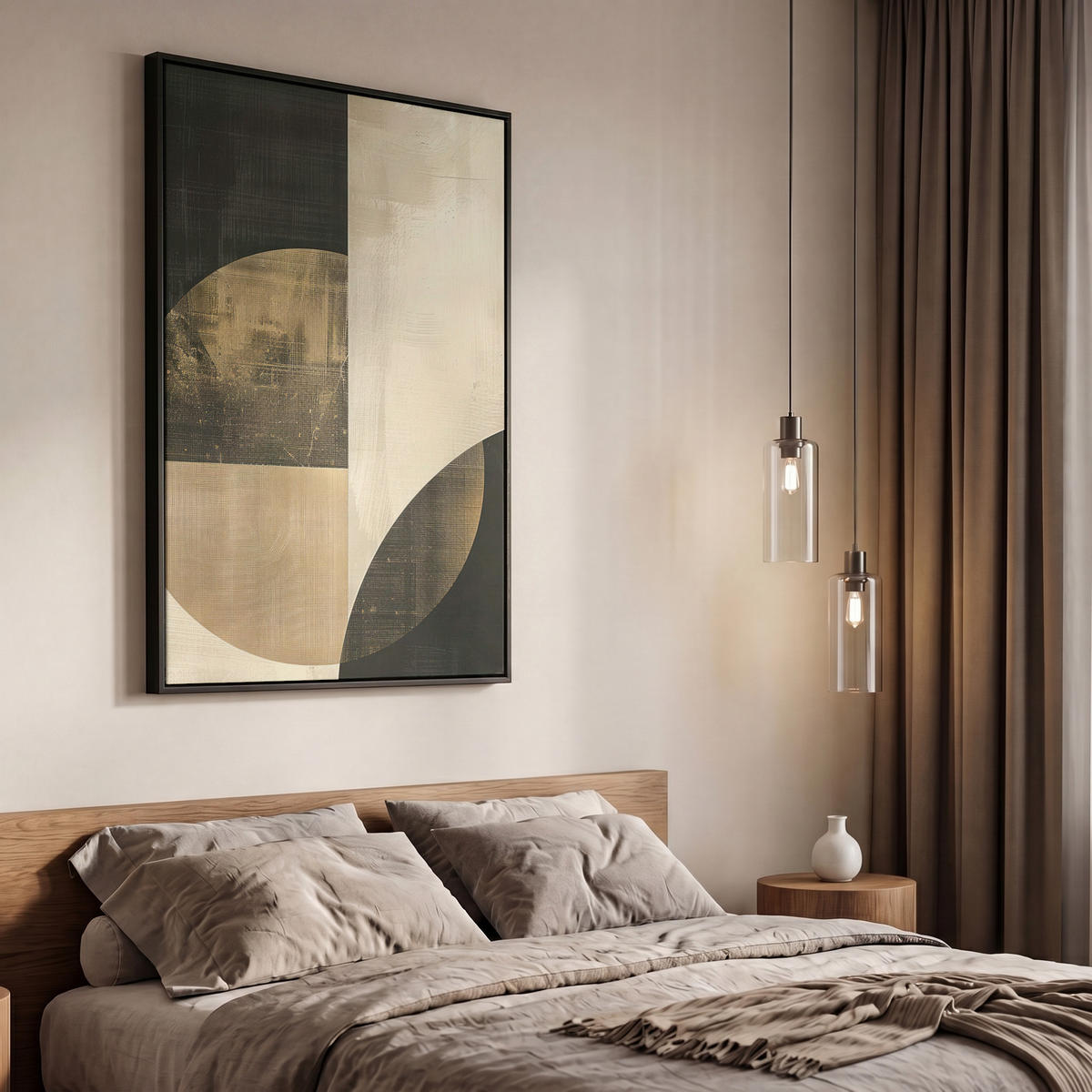 LEINWAND Bilder mit Rahmen - Abstrakt - Geometrische Formen - Schwarz - Gold - 60x90 - Ecru, Textil (60/90cm) - MuchoWow