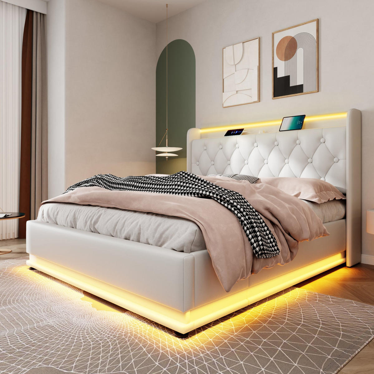 POLSTERBETT mit LED und Stauraum 140x200 cm PU Weiß - Weiß, Metall (140/200cm) - Meubliv