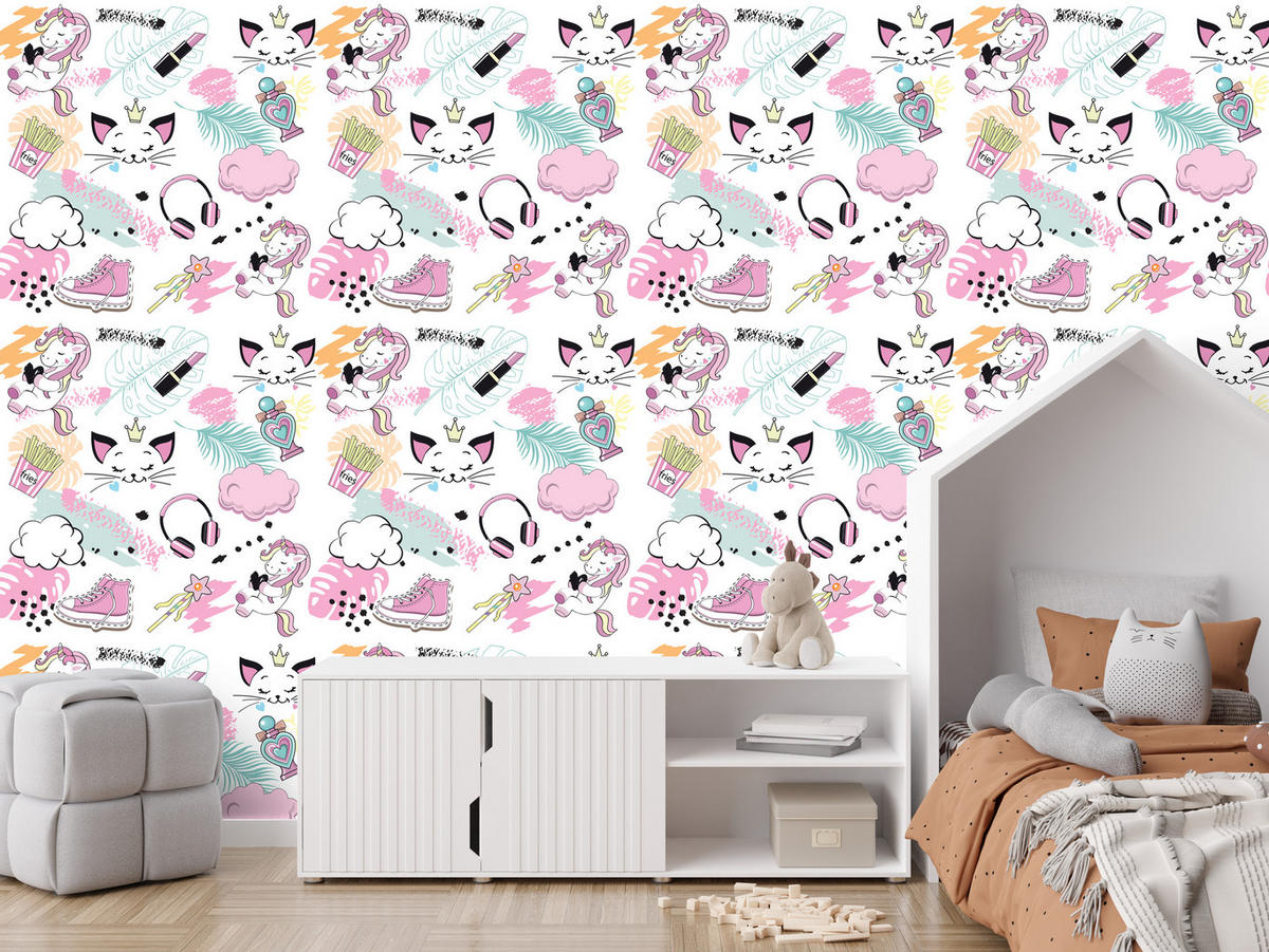 VLIESTAPETE Einhörner und Katzen – Rosa, Mint, Weiß – 50x1000 cm - Rosa/Weiß, Papier (50/1000cm) - Muralo
