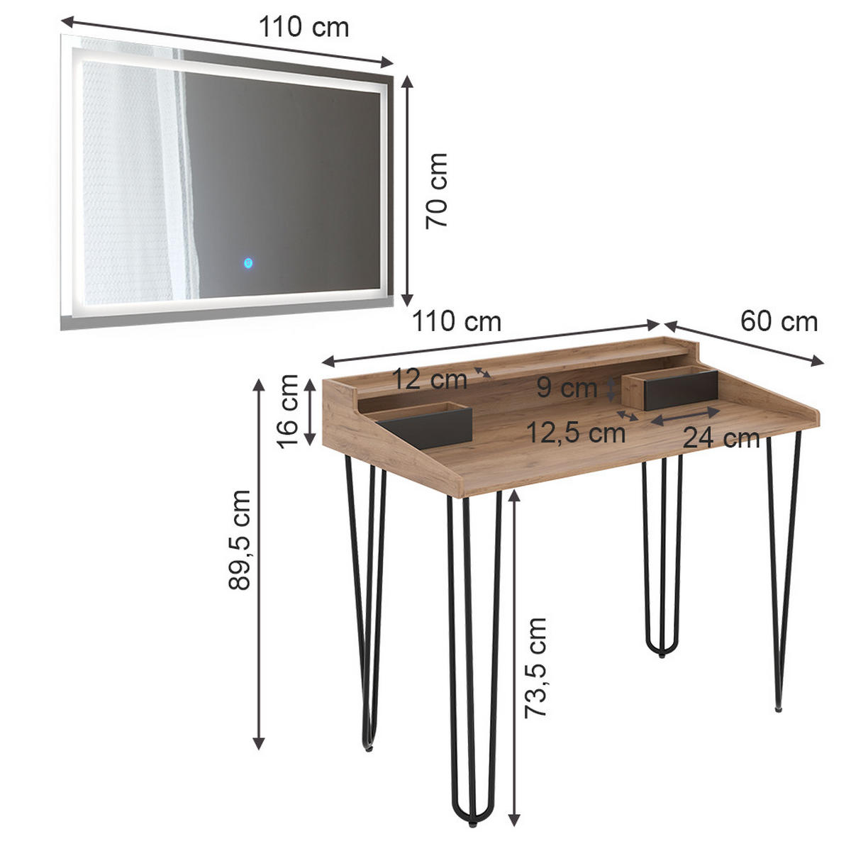 SCHMINKTISCH Sannar Eiche mit LED-Spiegel - Eichefarben/Schwarz, Holzwerkstoff (110/89.5/60cm) - Vicco