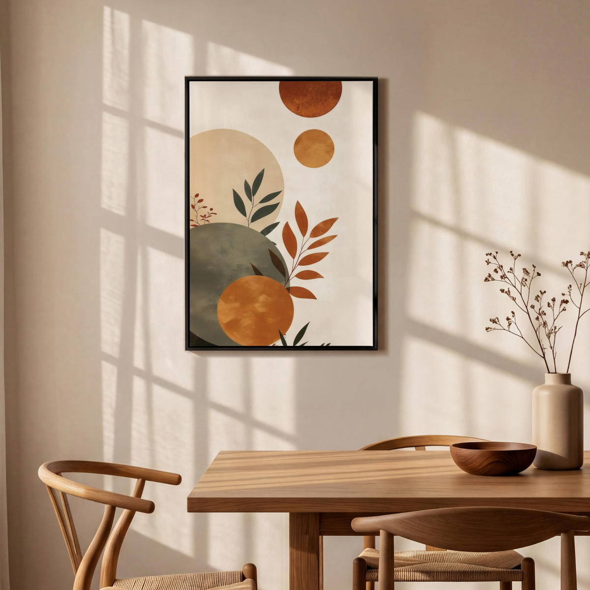 LEINWAND Bilder mit Rahmen - Formen - Rund - Blätter - Beige - 60x90 - Rostfarben, Textil (60/90cm) - MuchoWow
