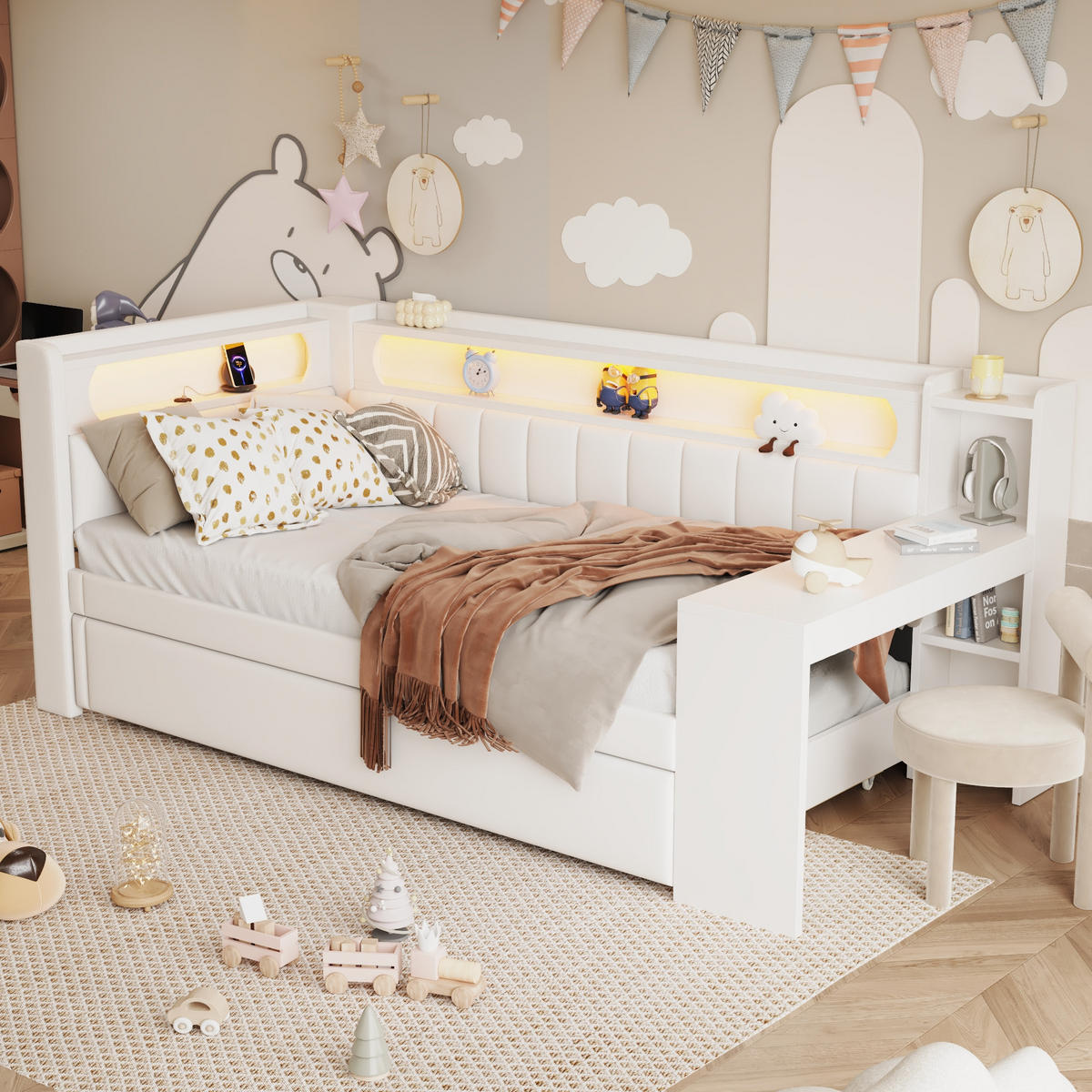 POLSTERBETT 90/200 cm weiß aus MDF mit LED USB Ausziehbett Schreibtisch - Weiß, Holzwerkstoff (90/200cm) - OKWISH